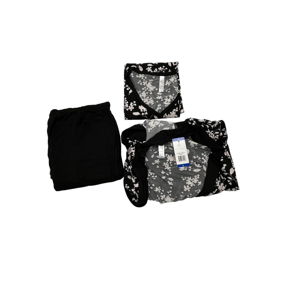 Flora Nikrooz Womens 3 Piece Pajama Set Black Floral Robe Top Pants L